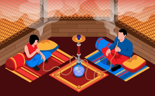 Hookah bar isometric colored composition with eastern couple smoking hookah in lotus pose vector illustration