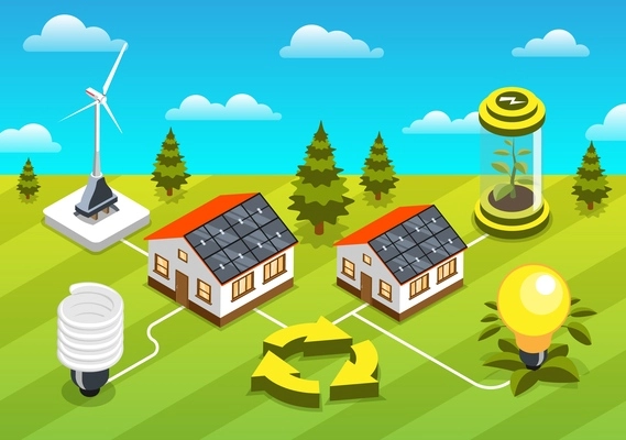 Save earth isometric background advertising alternative energy sources so as solar panels and wind turbines vector illustration