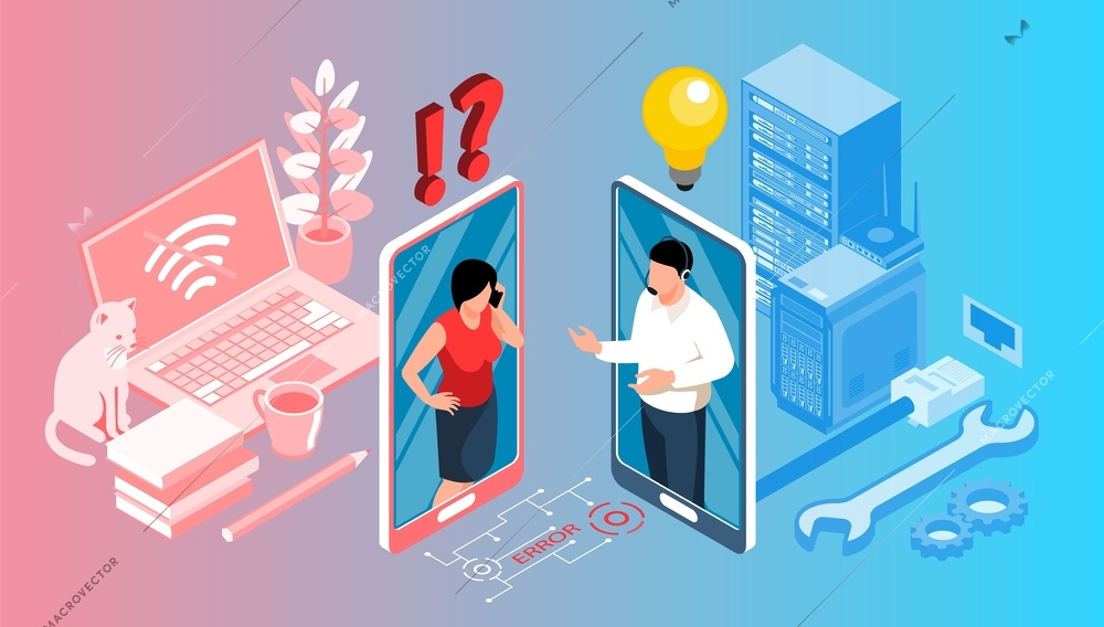 Technical support isometric composition with female person asking questions on phone to employee of service center vector illustration