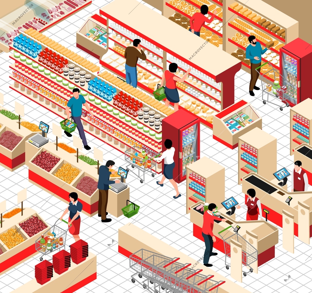 Supermarket trading hall isometric fragment with shelves filled by different fresh products visitors and cashiers vector illustration