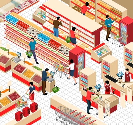 Supermarket trading hall isometric fragment with shelves filled by different fresh products visitors and cashiers vector illustration