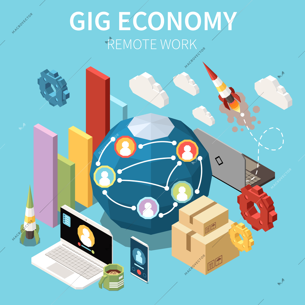 Gig economy isometric composition with editable text cloud and gear icons bar chart elements and laptop vector illustration