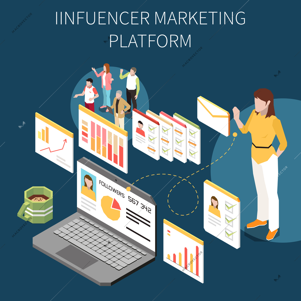 Influencer marketing isometric composition with computer screens user profiles message icons characters of followers and text vector illustration