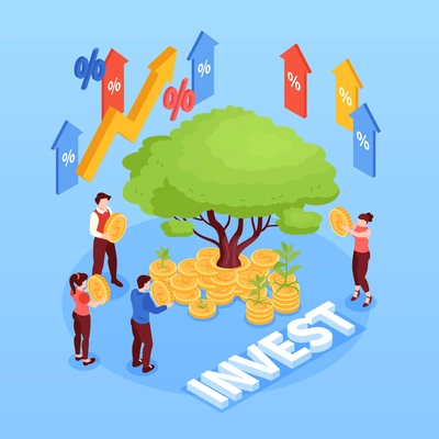 Isometric investment composition with colorful upward arrows and money tree with coins human characters and text vector illustration