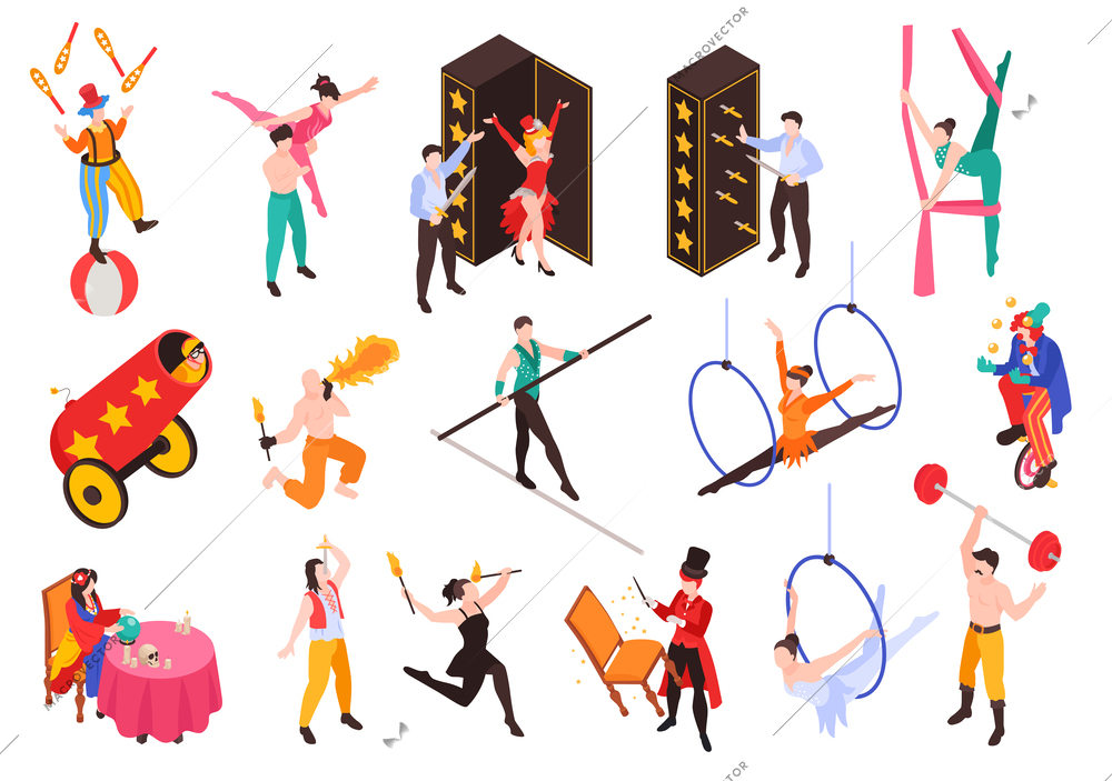 Isometric circus set with isolated icons of props with characters of performers artists on blank background vector illustration