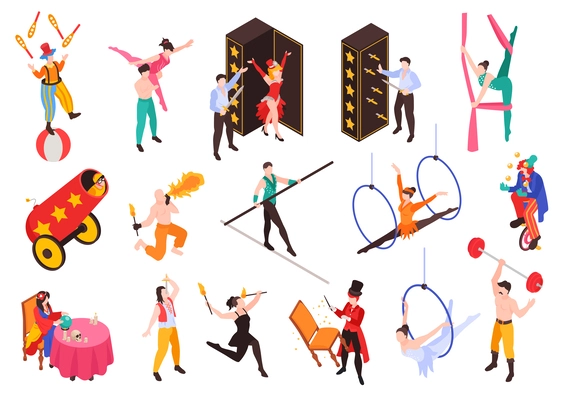 Isometric circus set with isolated icons of props with characters of performers artists on blank background vector illustration