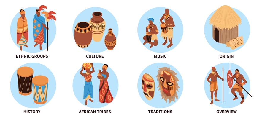 Isometric african people set of isolated round compositions with culture items musical instruments and human characters vector illustration