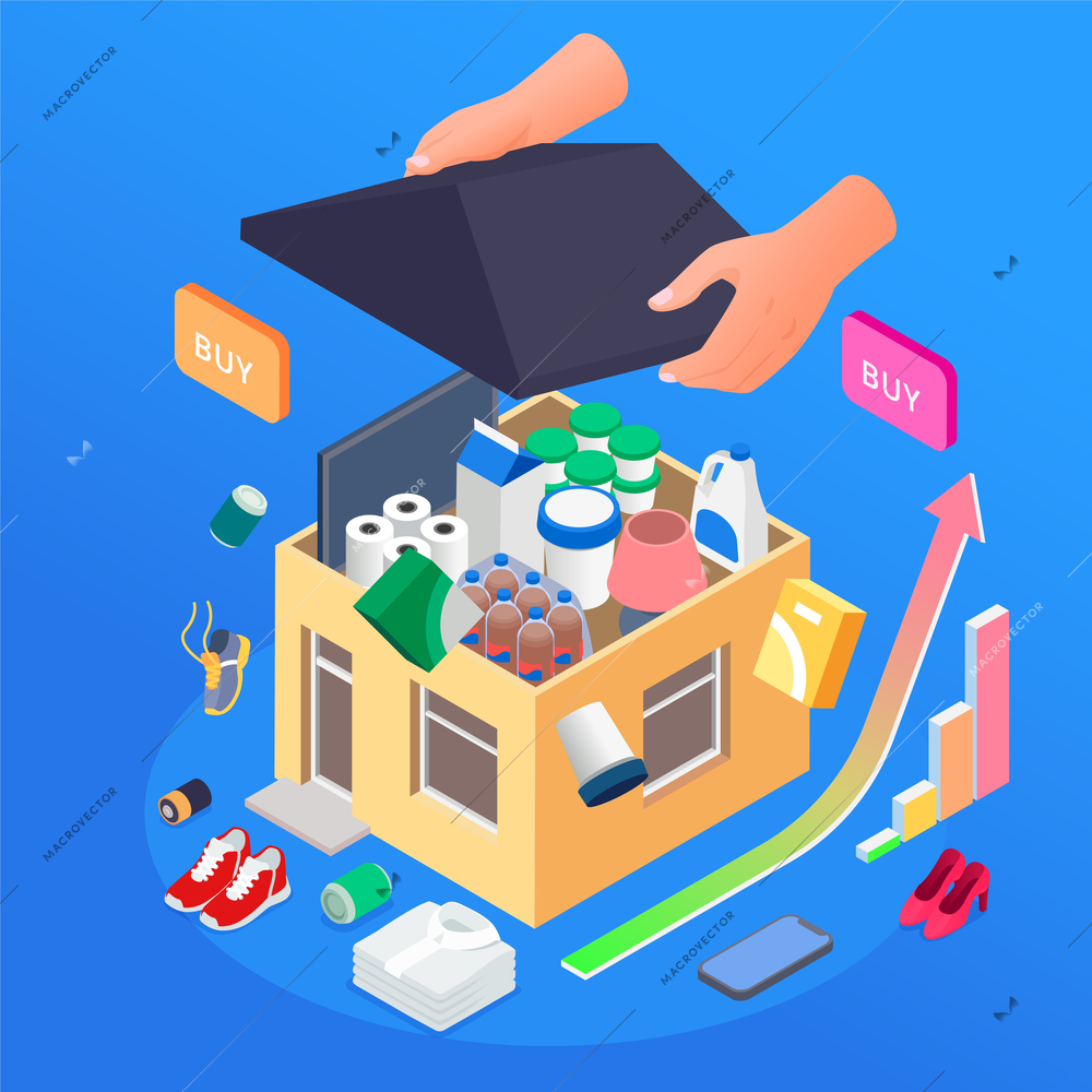Overconsumption isometric concept with house full of grocery goods vector illustration