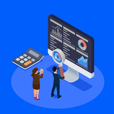 Financial regulation isometric concept with people looking for diagrams on laptop screen vector illustration