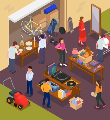 Garage sale isometric concept with old style vintage goods market vector illustration