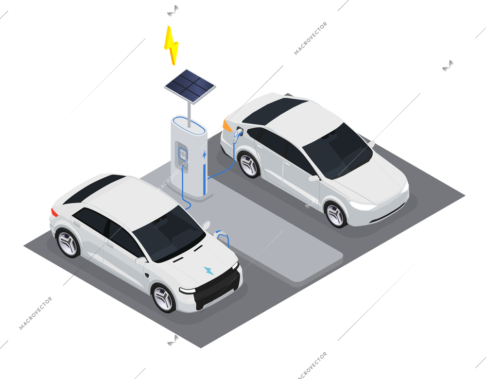 Electromobile transport isometric concept with electric cars charging with solar panel vector illustration