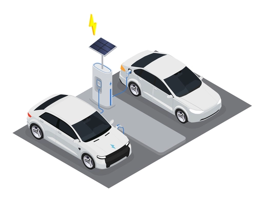Electromobile transport isometric concept with electric cars charging with solar panel vector illustration