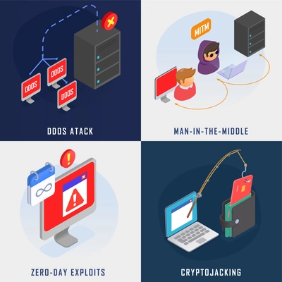 Cyber security isometric concept set with ddos attack symbols isolated vector illustration