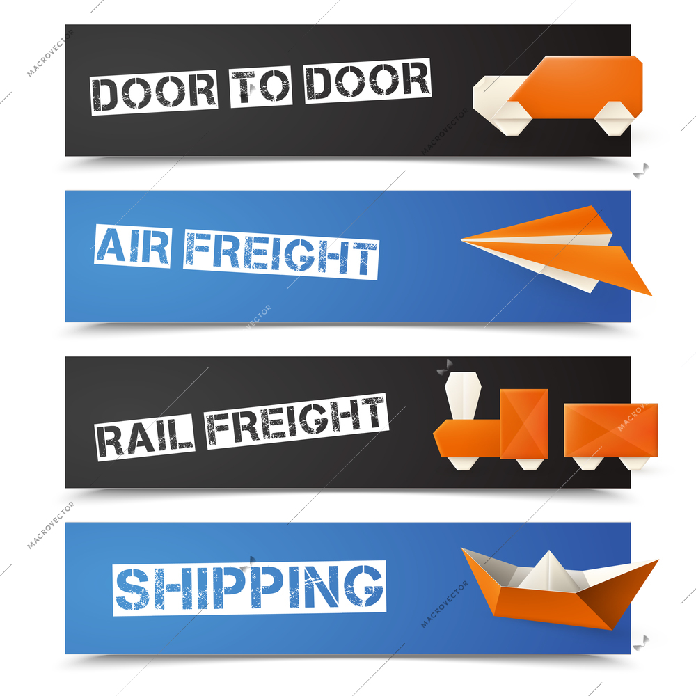 Logistic and freight banners horizontal set with origami transport isolated vector illustration