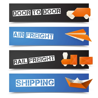 Logistic and freight banners horizontal set with origami transport isolated vector illustration