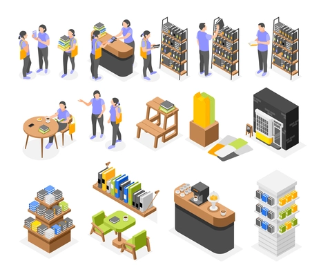Book store interior elements customers and shop assistants isometric icons set isolated 3d vector illustration