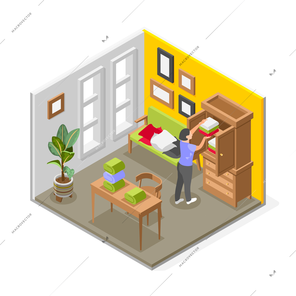 Woman putting clothes in order and decluttering her wardrobe isometric composition vector illustration
