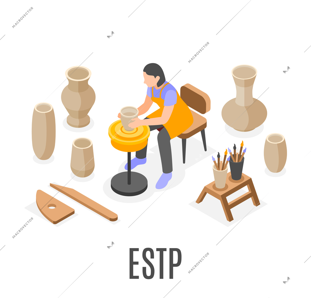 Estp mbti personality type isometric composition with female character doing pottery 3d vector illustration