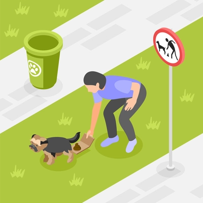 Clean up after you dog isometric composition with responsible puppy owner picking poop vector illustration