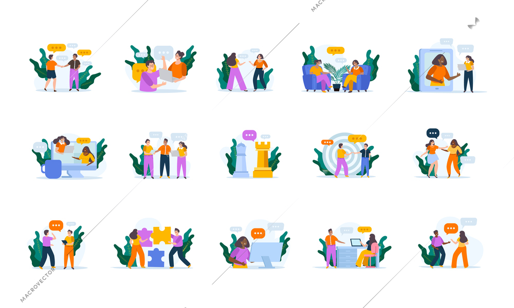 Negotiations concept set of flat compositions on blank background with people chatting arguing with thought bubbles vector illustration