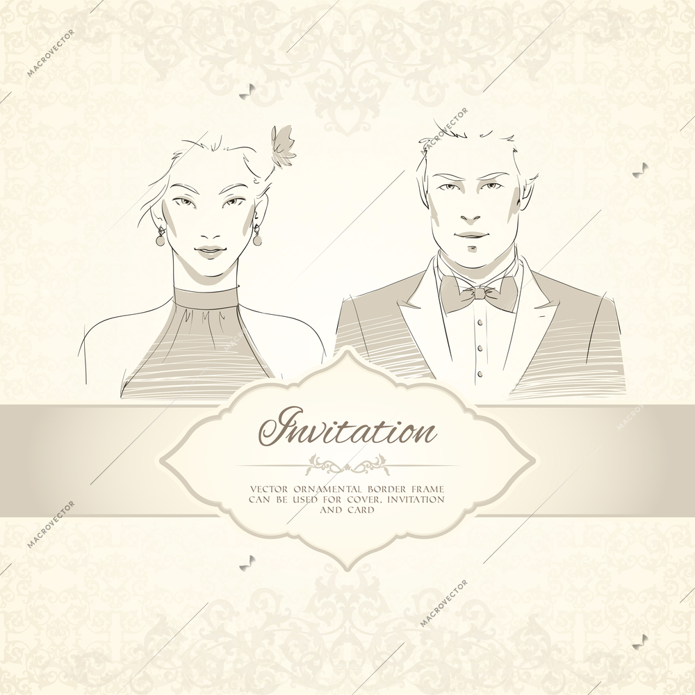 Classical wedding invitation card with man and woman portraits vector illustration