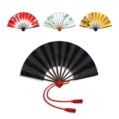 Realistic traditional oriental open folding fans set isolated vector illustration