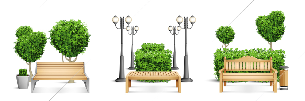 Realistic wooden park benches composition set three wooden benches in different styles stand in park or in the city vector illustration