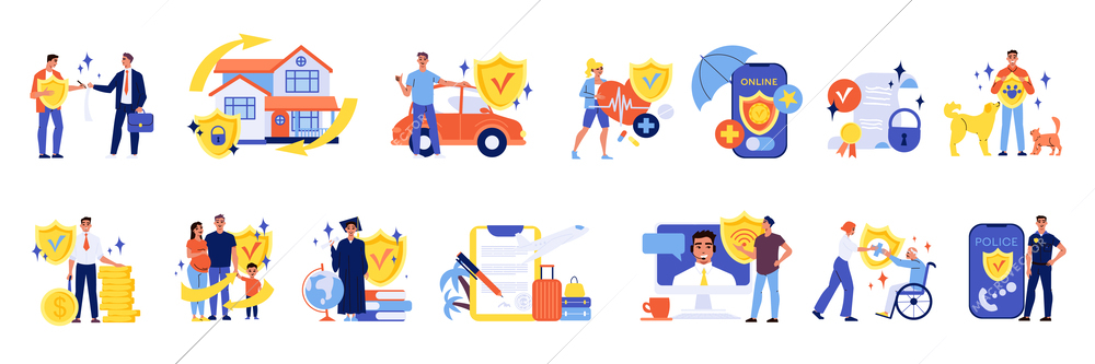 Insurance set of isolated icons with symbols and arrows representing various types of insurance with people vector illustration
