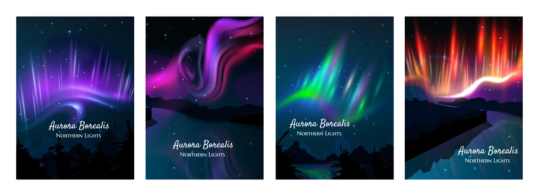 Northern lights realistic colorful posters set with purple green and orange luminescence isolated vector illustration