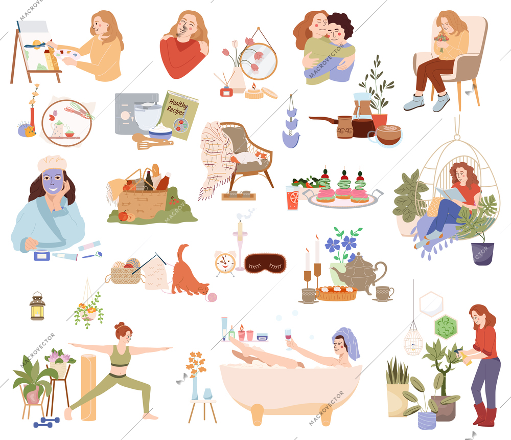 Self care set with hobby and relax symbols flat isolated vector illustration