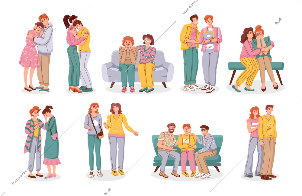 People support flat set with isolated compositions of doodle human characters with people in close relationships vector illustration