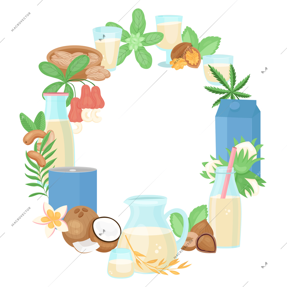 Vegan milk flat frame composition with empty space surrounded by icon circle of plants and drinks vector illustration