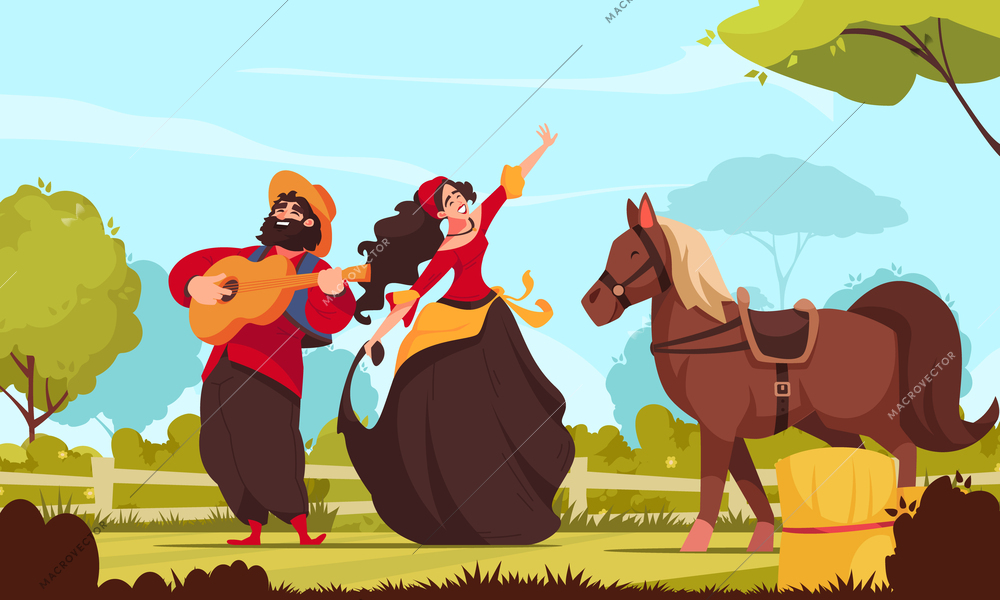 Folklore music composition with the couple of Mexican dancers and a horse vector illustration