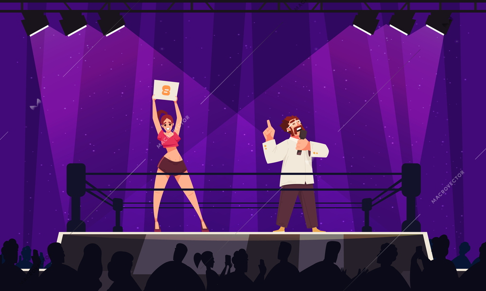 Boxing colored concept the  beautiful girl with the round license plate in her hands stands in the ring with the announcer vector illustration