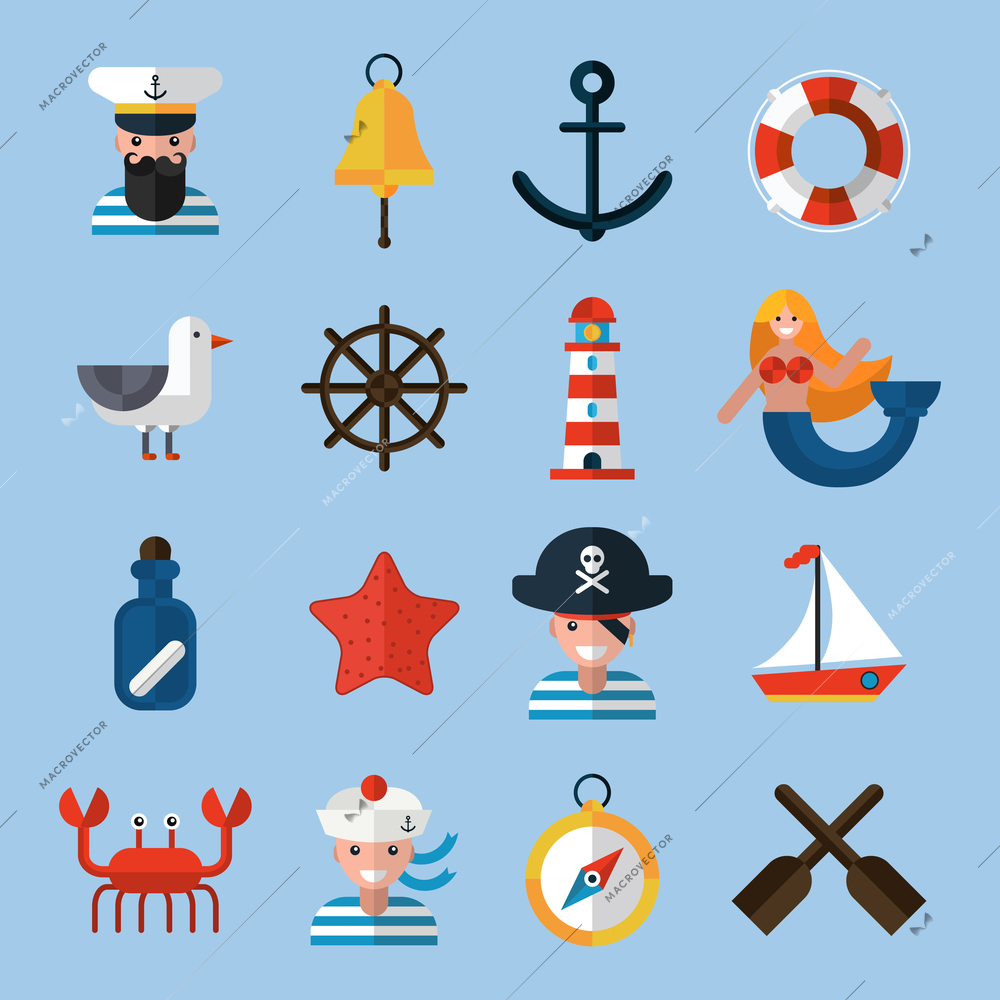 Nautical icons set with sailor anchor lifebelt star fish isolated vector illustration