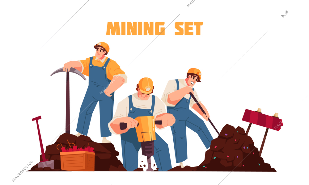 Flat mining concept with mining set description and three workers at the job vector illustration