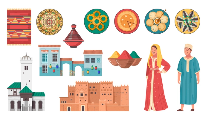 Morocco touristic travel set with flat icons of food ancient buildings traditional costumes on blank background vector illustration