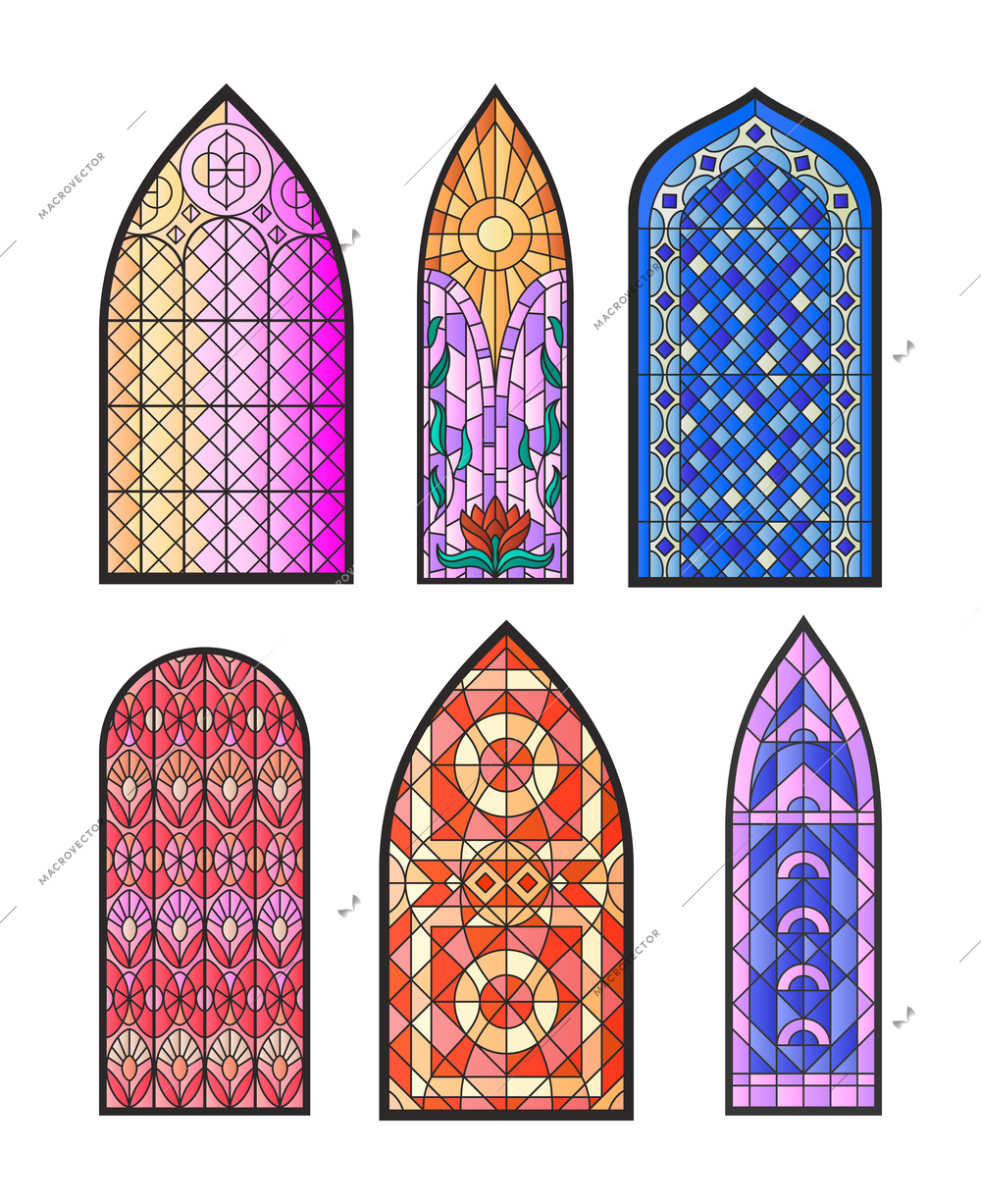 Set with isolated stained glass mosaic church temple cathedral windows light colorful icons on blank background vector illustration