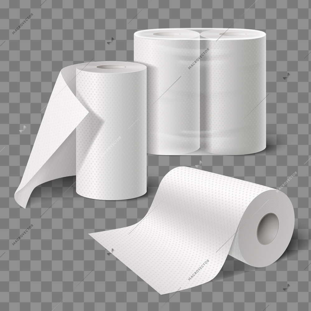 Toilet paper kitchen towels rolls realistic composition with transparent background and wide soft tissue kitchen rolls vector illustration