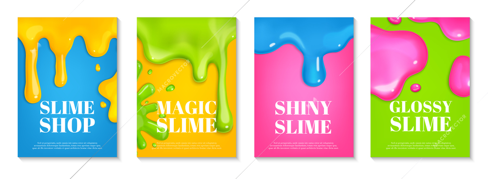 Realistic slime poster set with colorful liquid drops isolated vector illustration