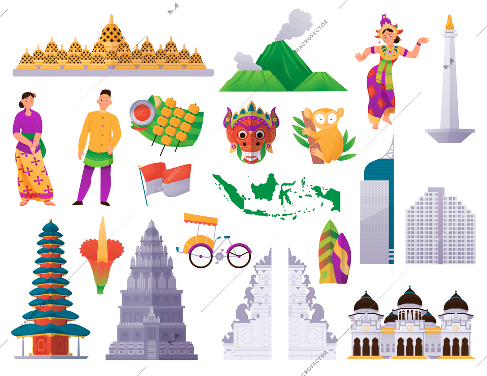 Indonesia travel flat icons set with national symbols and landmarks isolated vector illustration