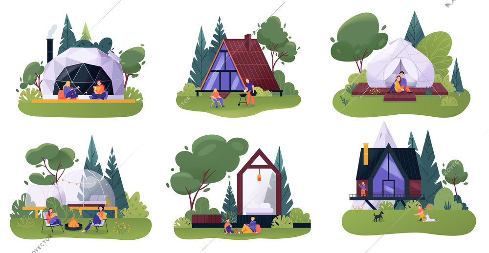 Glamping flat composition set with modern recreation lounges isolated vector illustration