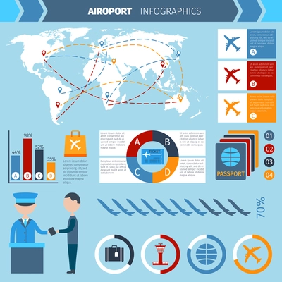 Airport infographics set with passenger transportation symbols and charts vector illustration