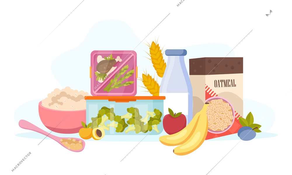 Food containers and zero waste storage background composition with ripe fruits oatmeal spoon and plastic boxes vector illustration