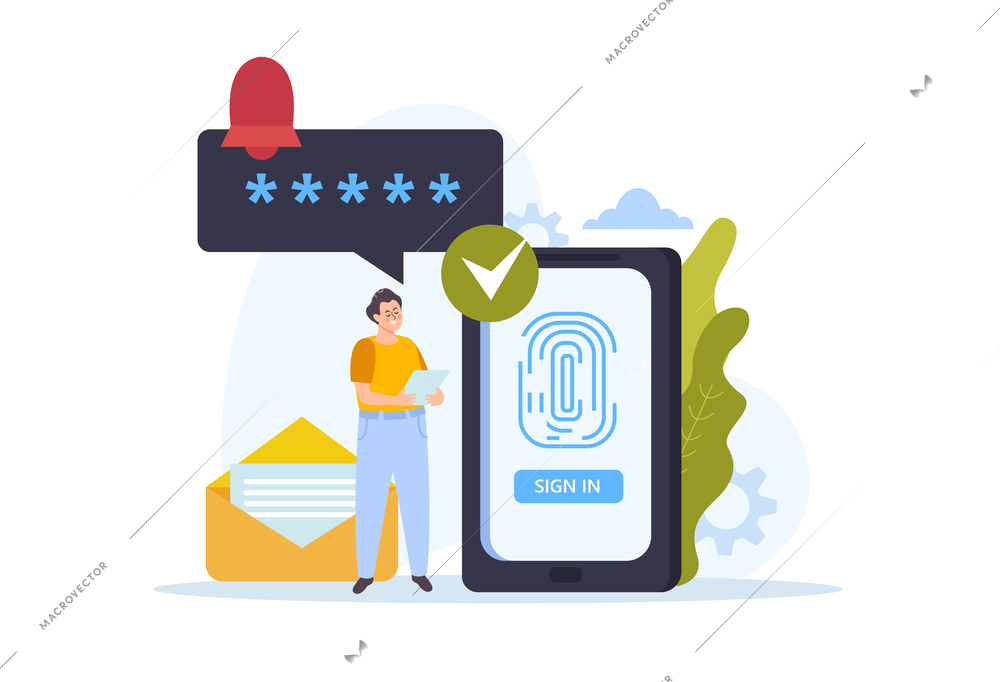 Smartphone data protection flat composition with human character password bubble fingerprint sign in screen and letter vector illustration