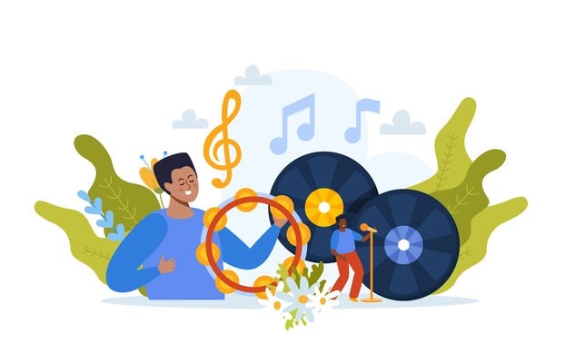 Music school flat composition with doodle human characters surrounded by music notes tambourine and vinyl disks vector illustration