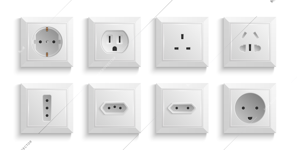 Different types of wall power  sockets for one connector realistic white set isolated vector illustration