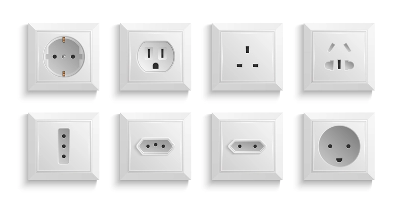 Different types of wall power  sockets for one connector realistic white set isolated vector illustration