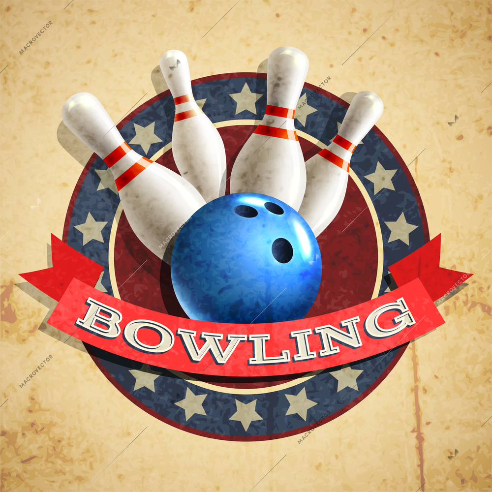 Bowling sport emblem with ball and pins on textured background vector illustration