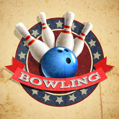 Bowling sport emblem with ball and pins on textured background vector illustration